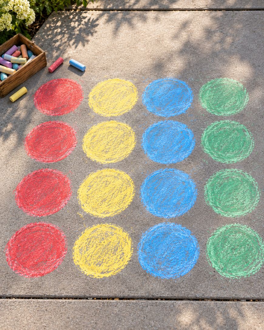 A four-by-four grid of red, yellow, blue, and green chalk circles drawn on a concrete sidewalk, with a wooden crate of chalk nearby.