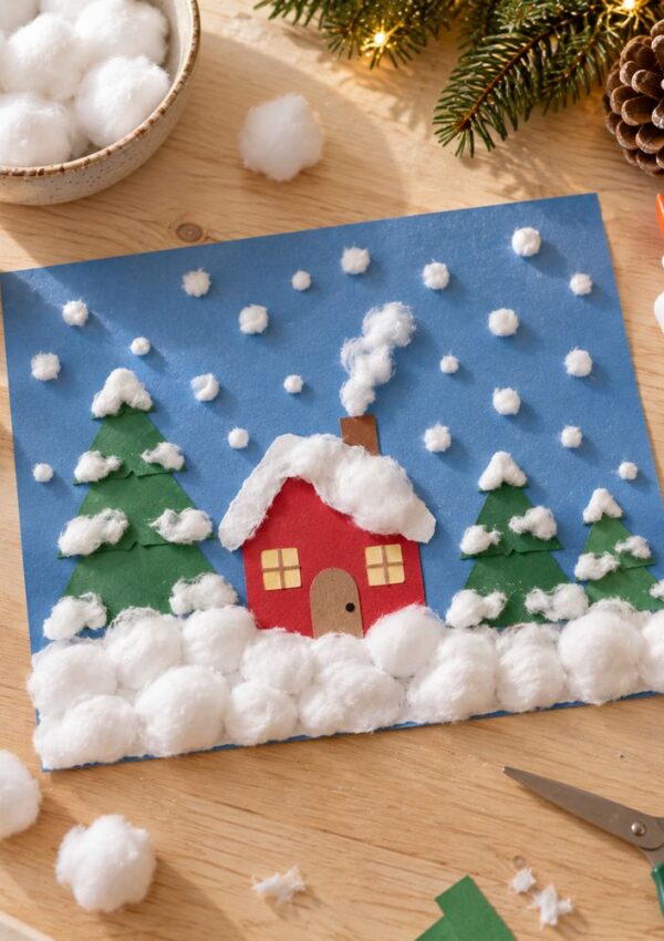 A handmade craft of a red house and green trees on blue paper, decorated with cotton balls to represent snow.