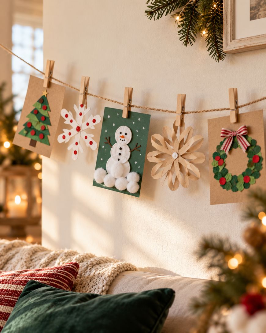 Five handmade Christmas-themed cards, including a tree, snowflake, snowman, paper flower, and wreath, clipped to a string hanging against a wall.