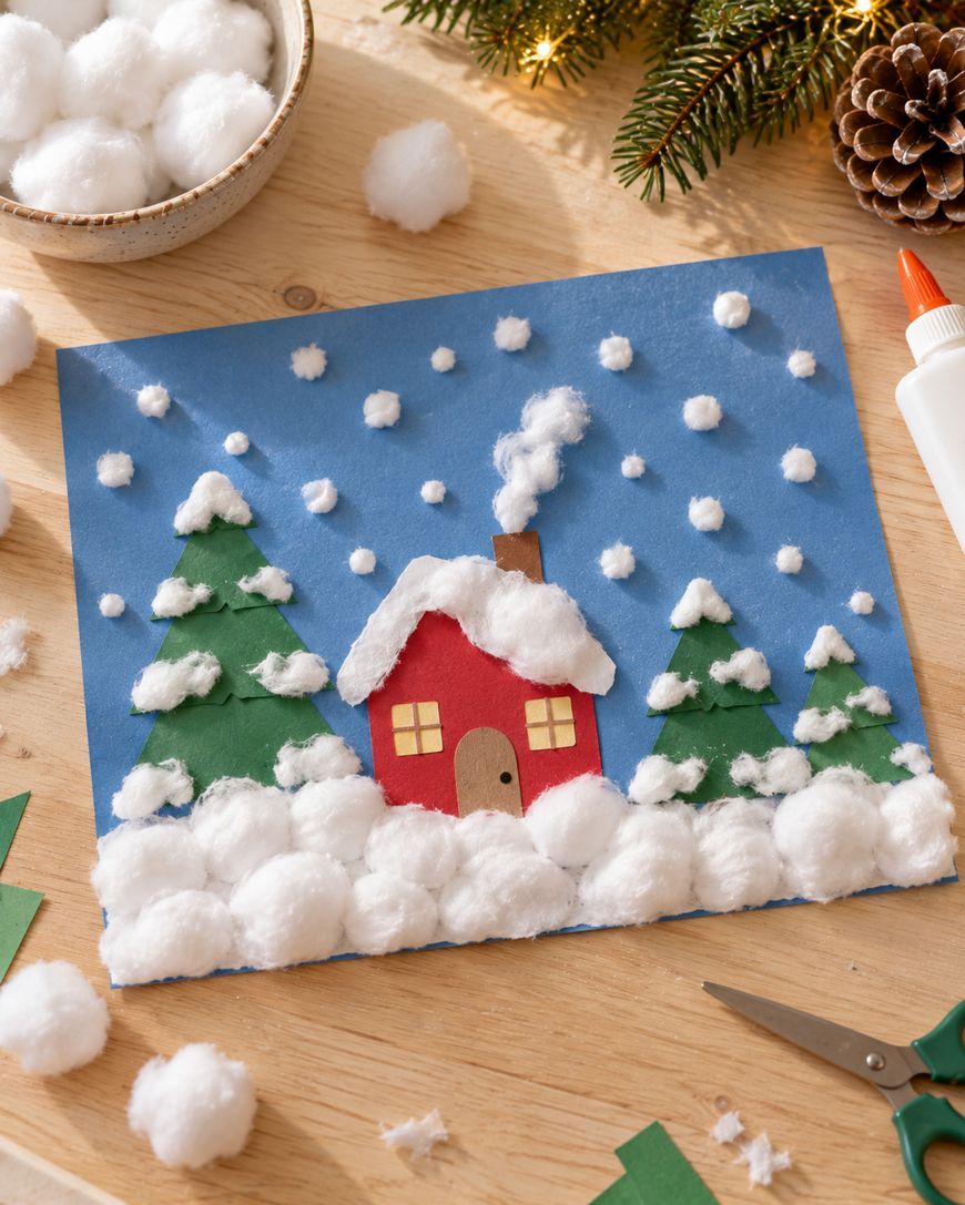 A homemade craft of a red house and two green trees on blue paper, decorated with cotton balls to resemble a snowy winter scene.