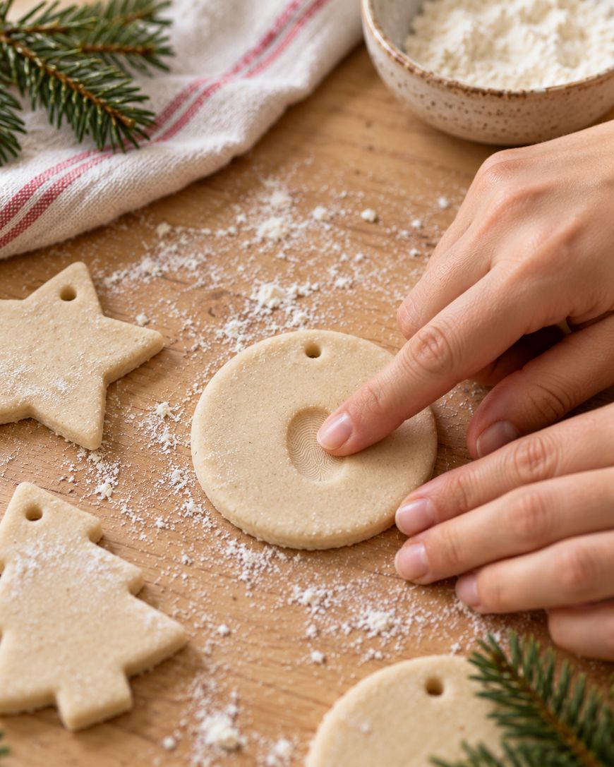 A hand presses a fingerprint into a round, raw dough ornament on a floured wooden surface.