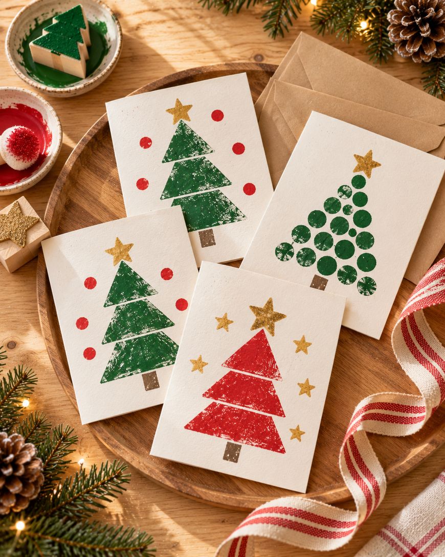 Four handmade Christmas cards featuring stamped designs of decorated trees and gold stars on a wooden tray with envelopes.
