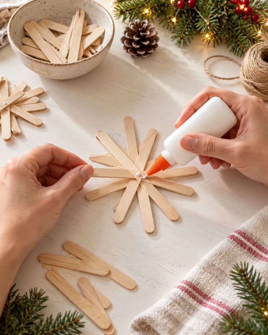Hands glue popsicle sticks together to form a snowflake ornament on a white wooden table.
