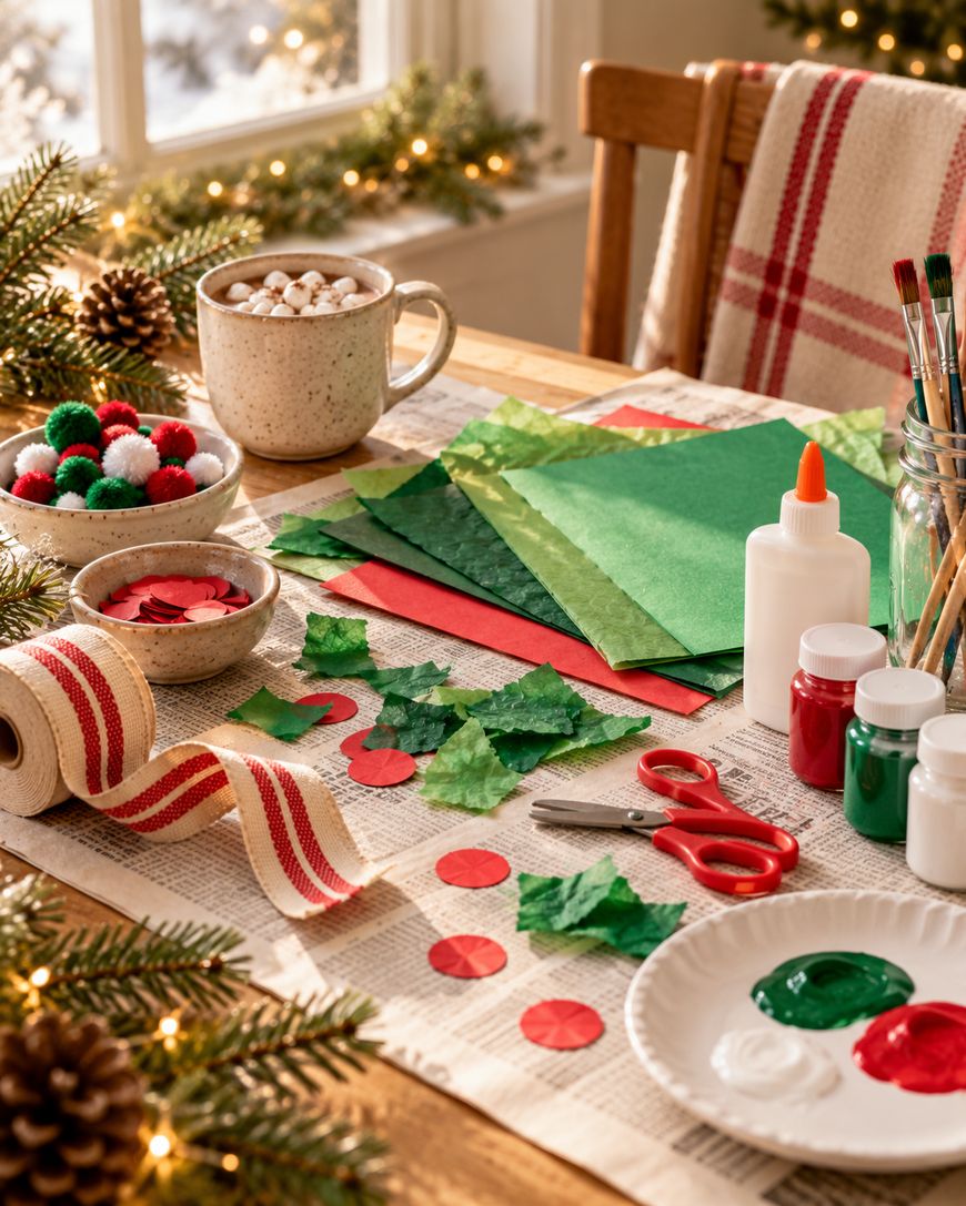 A table covered in craft supplies for a holiday project, including construction paper, glue, scissors, paint, pom-poms, and a mug of hot cocoa.