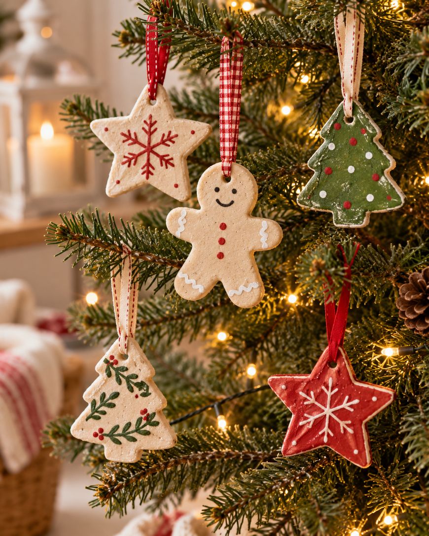 Five salt dough Christmas tree ornaments shaped like a gingerbread man, two stars, and two pine trees hanging on a lit Christmas tree.