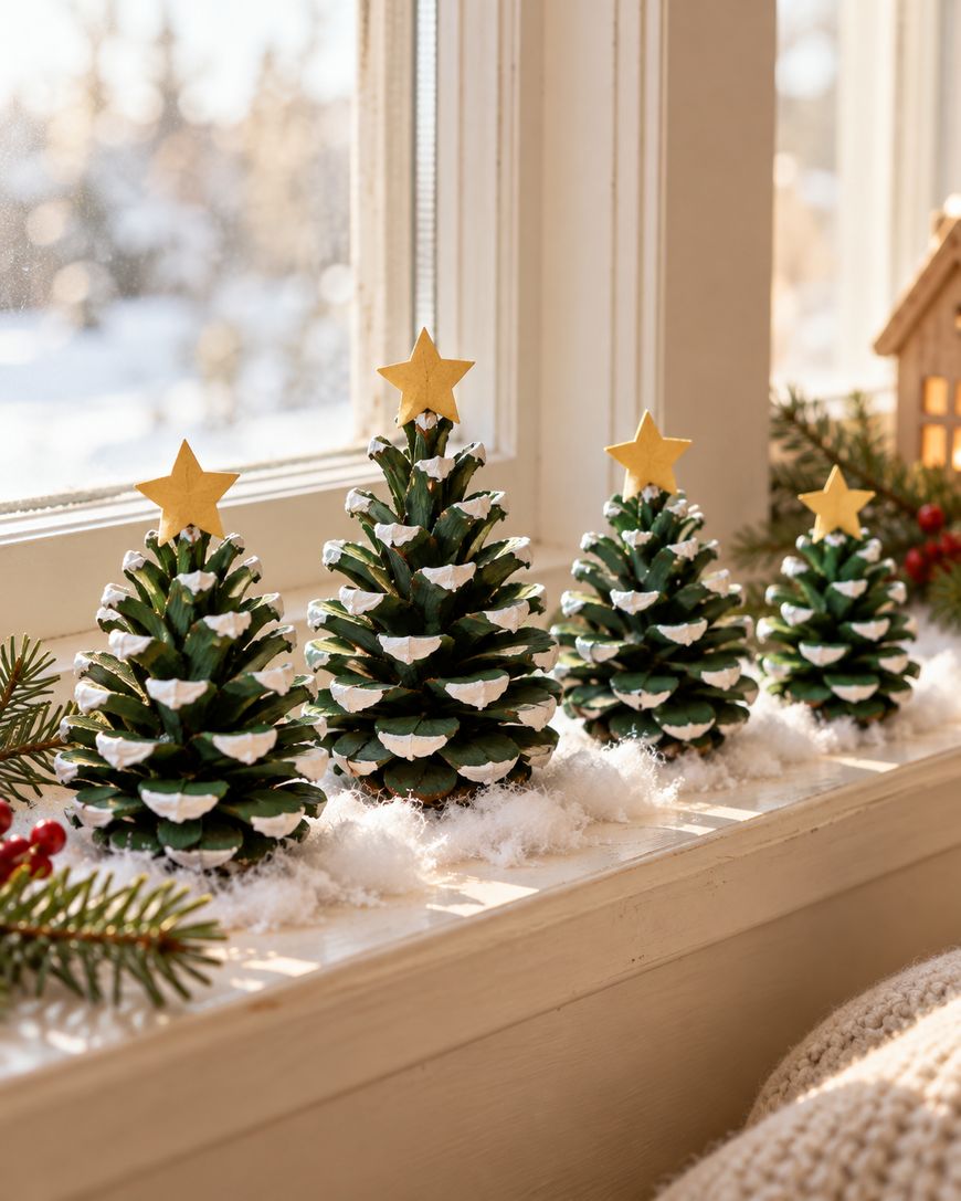 Four pinecone crafts painted green with white-tipped scales, each topped with a small gold star, arranged on a windowsill with faux snow.