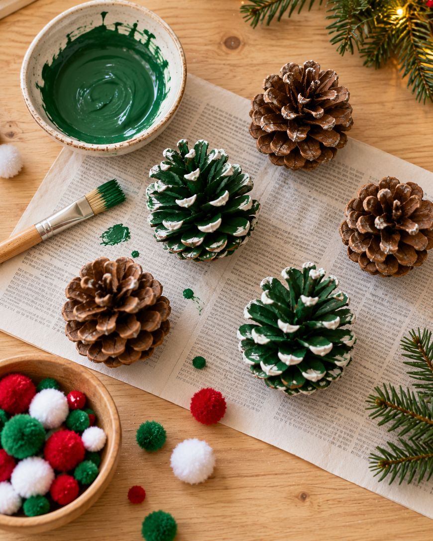 A workspace with a bowl of green paint, a brush, several pinecones—some partially painted green with white tips—and a bowl of small red, green, and white pom-poms on a newspaper-covered table.