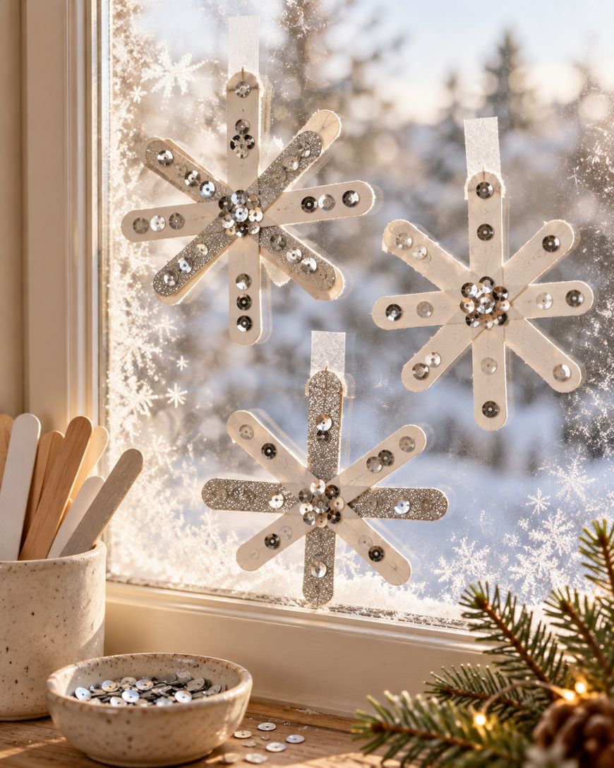 Three DIY snowflakes made from craft sticks and sequins taped to a window decorated with snowflake decals.