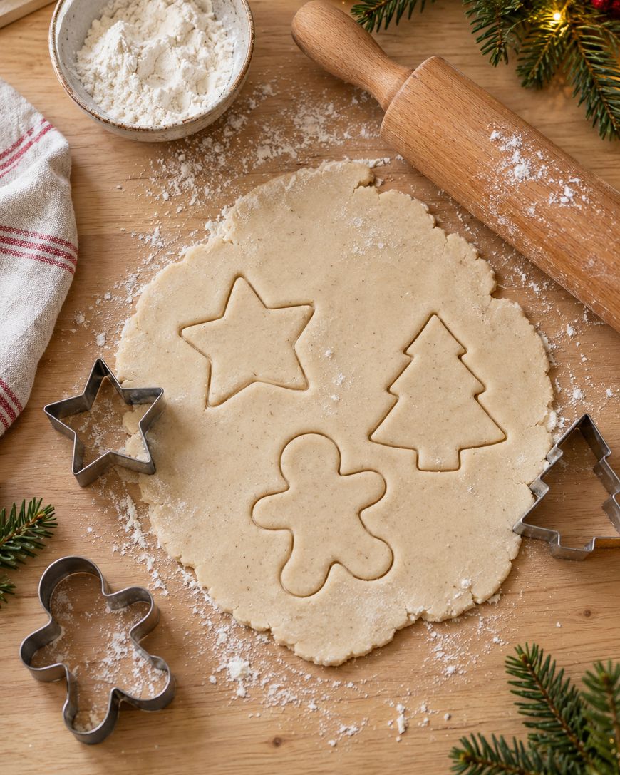 Rolled out cookie dough on a wooden surface with star, tree, and gingerbread man shaped metal cutters, a rolling pin, and a small bowl of flour.