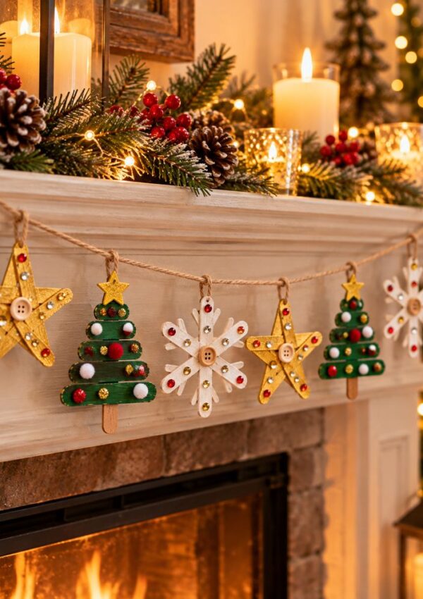 A DIY craft garland made of popsicle sticks shaped into Christmas trees, snowflakes, and stars, hanging from a fireplace mantel decorated with greenery, berries, and candles.