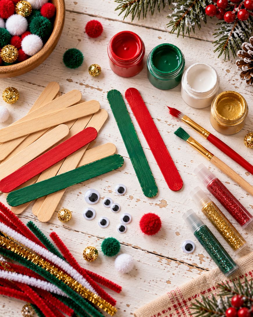Craft supplies for making holiday ornaments, including wooden sticks, paint, glitter, googly eyes, and pom-poms on a white wooden surface.