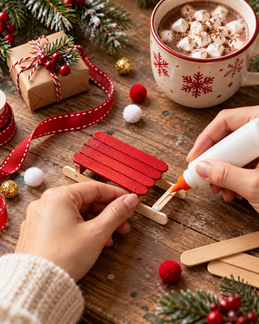 Hands assemble a miniature craft sled made of popsicle sticks using glue, surrounded by holiday decorations, a gift-wrapped box, and a mug of hot cocoa.