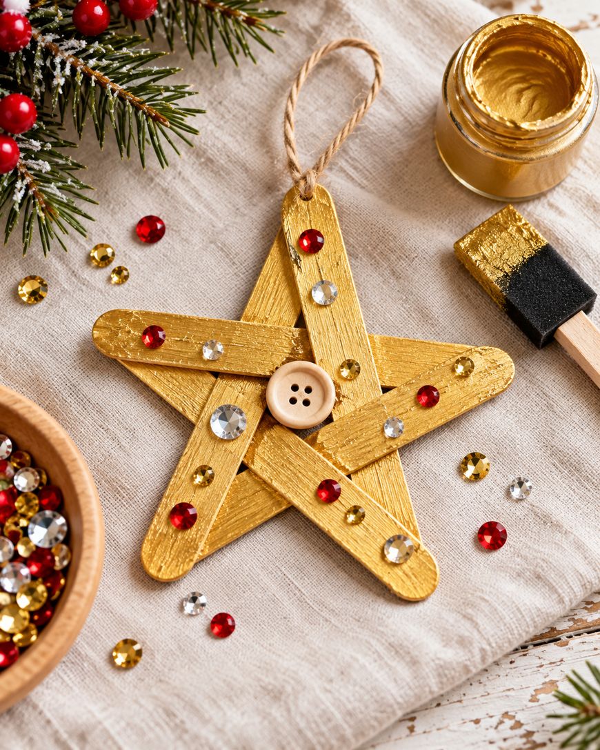 A DIY star ornament made from gold-painted popsicle sticks, decorated with a central button and scattered red and clear rhinestones.