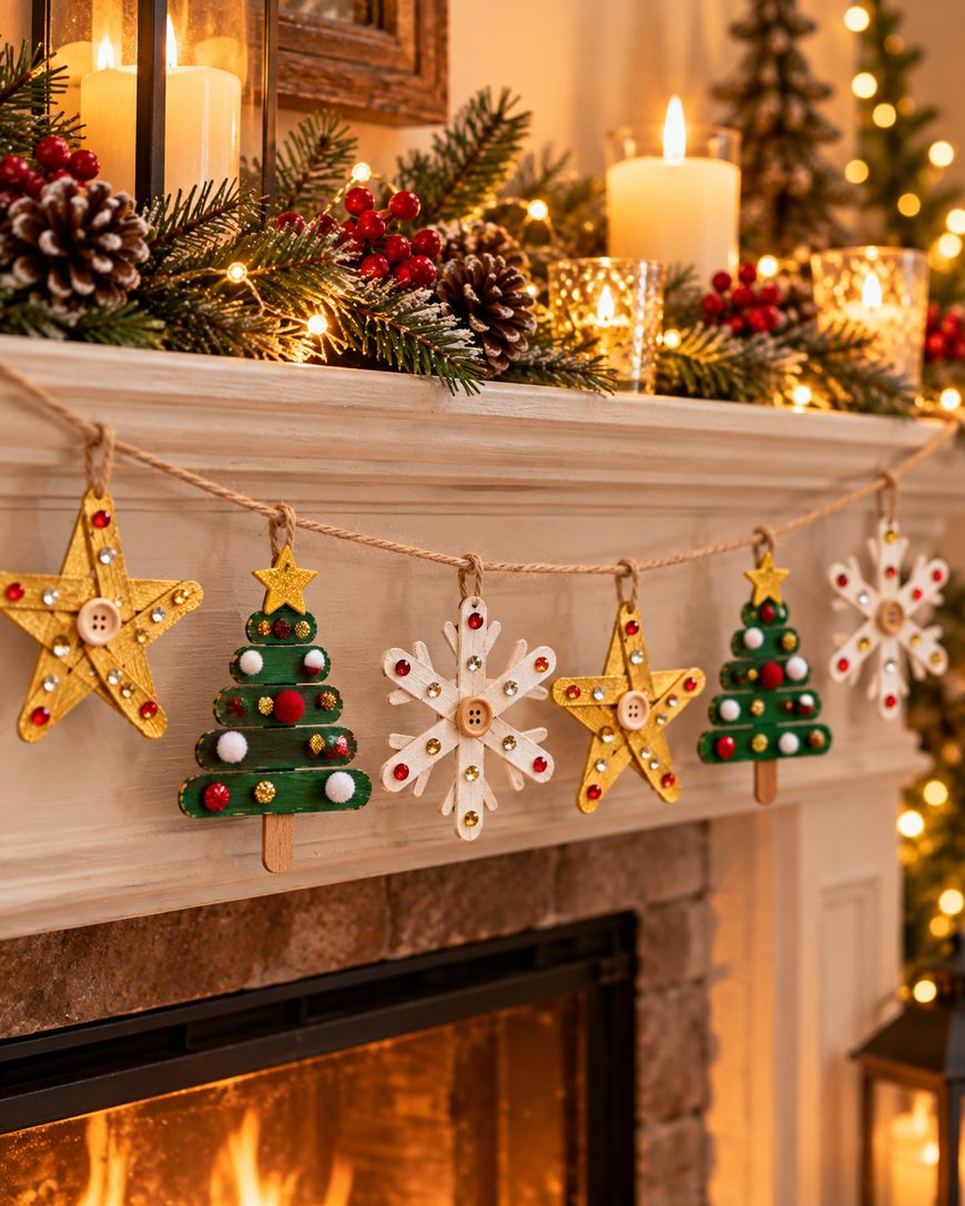 A garland of handmade popsicle stick ornaments, including stars, Christmas trees, and snowflakes, hanging on a fireplace mantel decorated with evergreen boughs and candles.