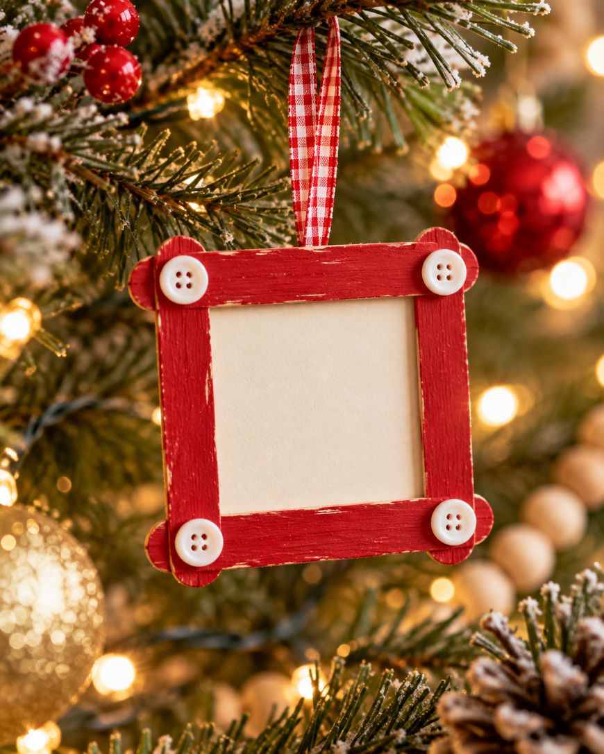 A red wooden craft-stick picture frame ornament with a white center and button details, hanging on a Christmas tree with glowing lights.