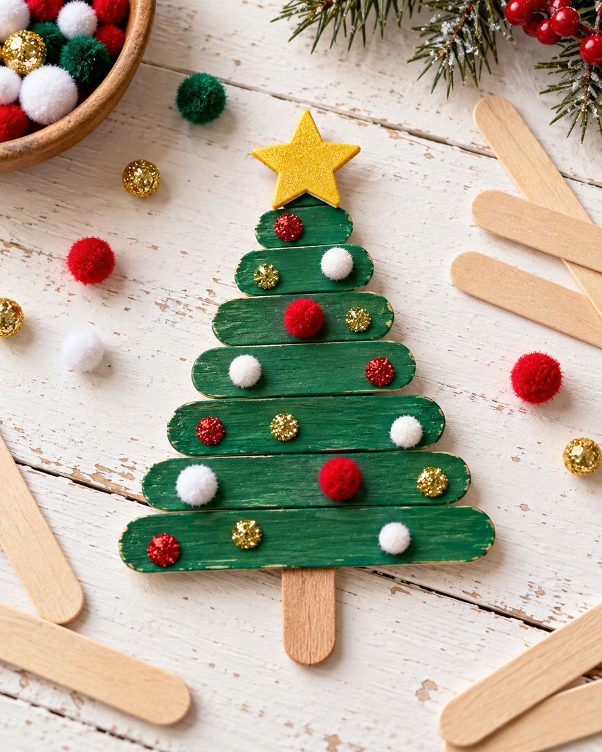 A Christmas tree craft made from green popsicle sticks, decorated with small red, white, and gold glittery pom-poms and topped with a gold star.