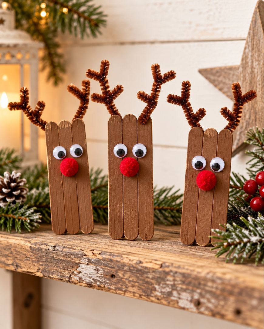 Three reindeer ornaments made from brown craft sticks with googly eyes, red pom-pom noses, and pipe-cleaner antlers standing on a wooden surface.