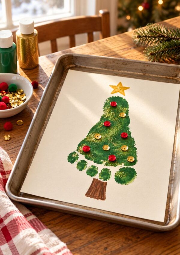 A craft project on a metal tray shows a Christmas tree made from a green footprint, decorated with sequins and a star, with paint bottles and pom-poms nearby.
