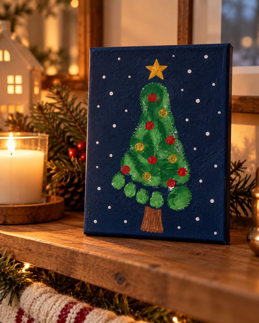 A small canvas painting of a Christmas tree made from green footprints, decorated with red and yellow ornaments and a gold star, sitting on a wooden mantel next to a candle.