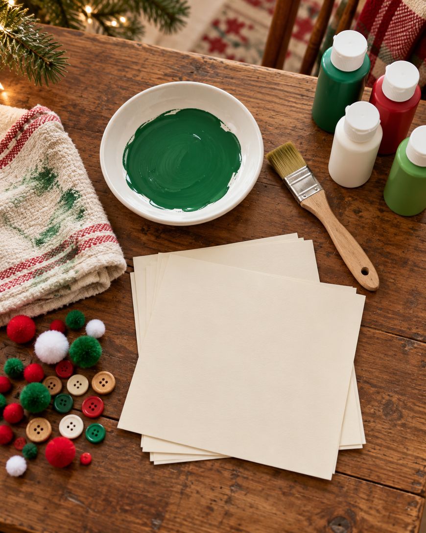 A wooden table with a bowl of green paint, a paintbrush, four small bottles of paint, a stack of blank square cards, a festive towel, and several red, green, and white pom-poms and buttons.