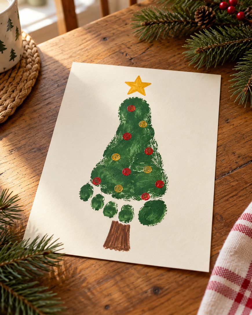 A homemade Christmas tree card made with a green footprint, decorated with small red and yellow circles and a yellow star on top, sitting on a wooden table.