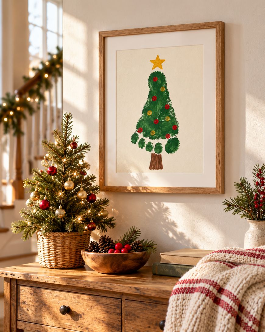 A framed artwork of a footprint painted to look like a Christmas tree, hanging above a table decorated with a miniature Christmas tree, pinecones, and a knit throw.