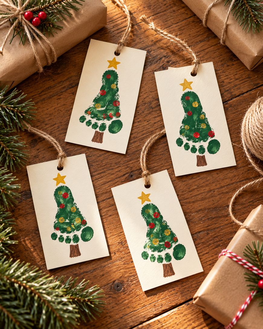 Four rectangular gift tags featuring hand-painted footprints shaped like Christmas trees, each topped with a yellow star and accented with painted ornaments.