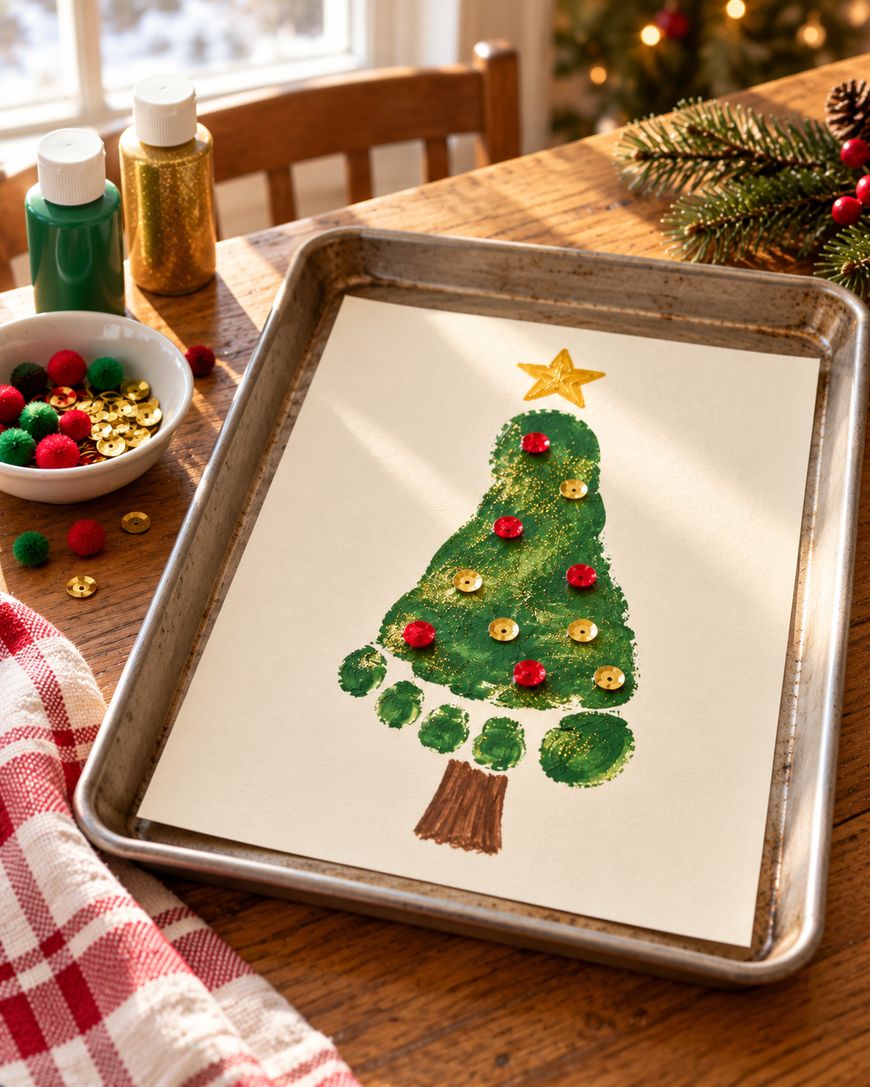 A sheet of paper on a tray featuring a hand-painted footprint shaped like a Christmas tree, decorated with sequins and a paper star.