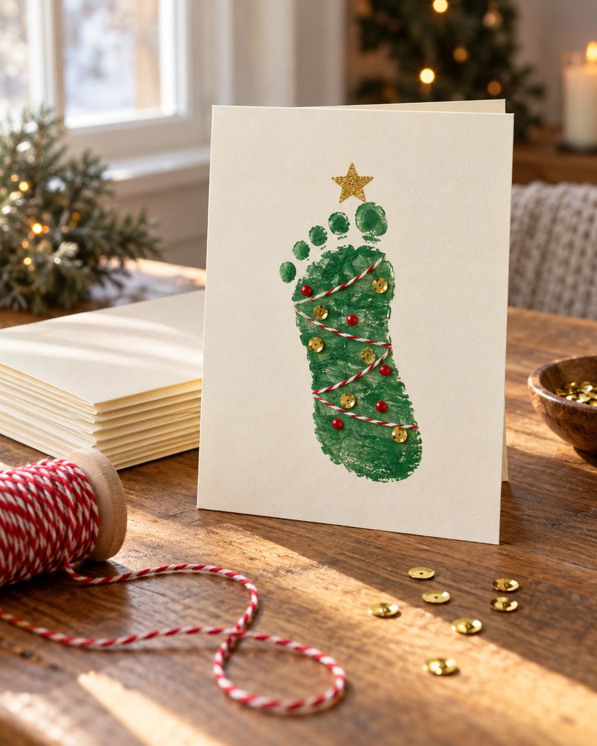 A handmade Christmas card featuring a green footprint decorated with twine and sequins to look like a Christmas tree.