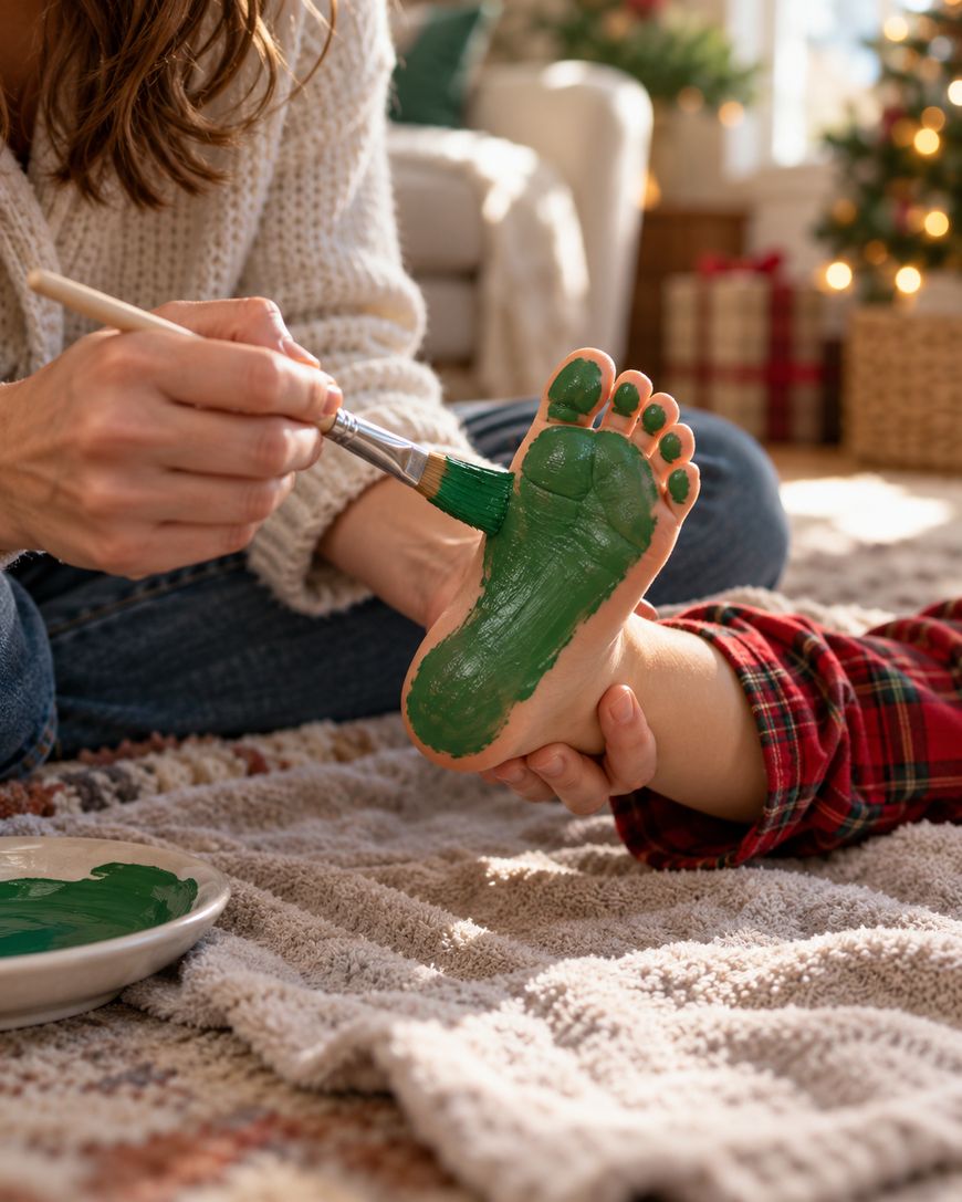 A person uses a paintbrush to apply green paint to the sole of a childs foot.