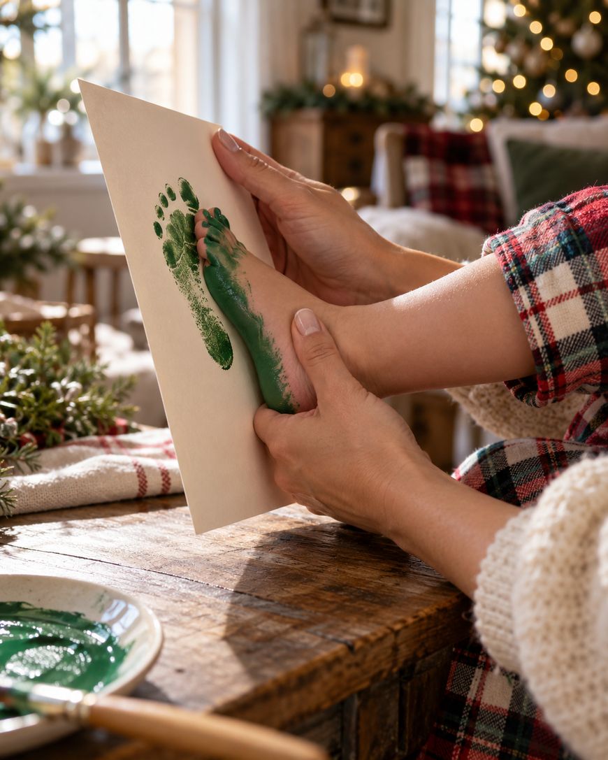 An adults hands pressing a childs green-painted foot onto a piece of paper.