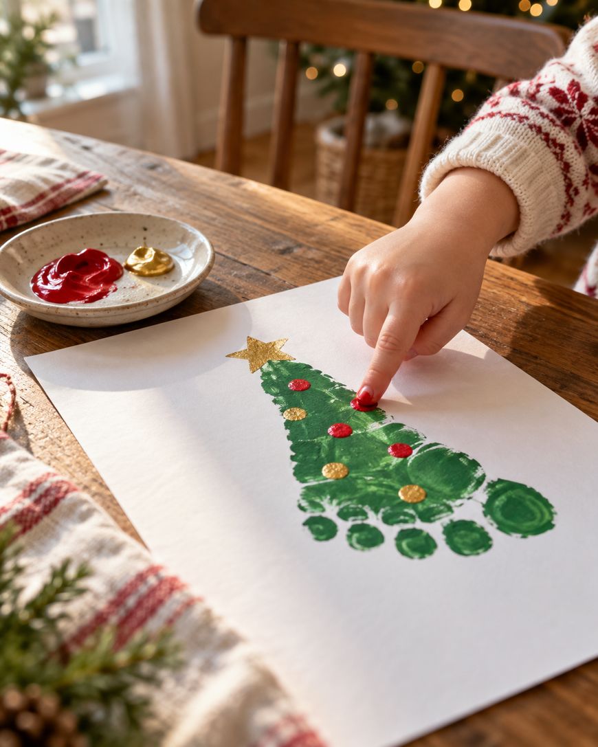 A childs hand adds a red painted dot to a footprint-shaped Christmas tree painting decorated with gold and red circles.