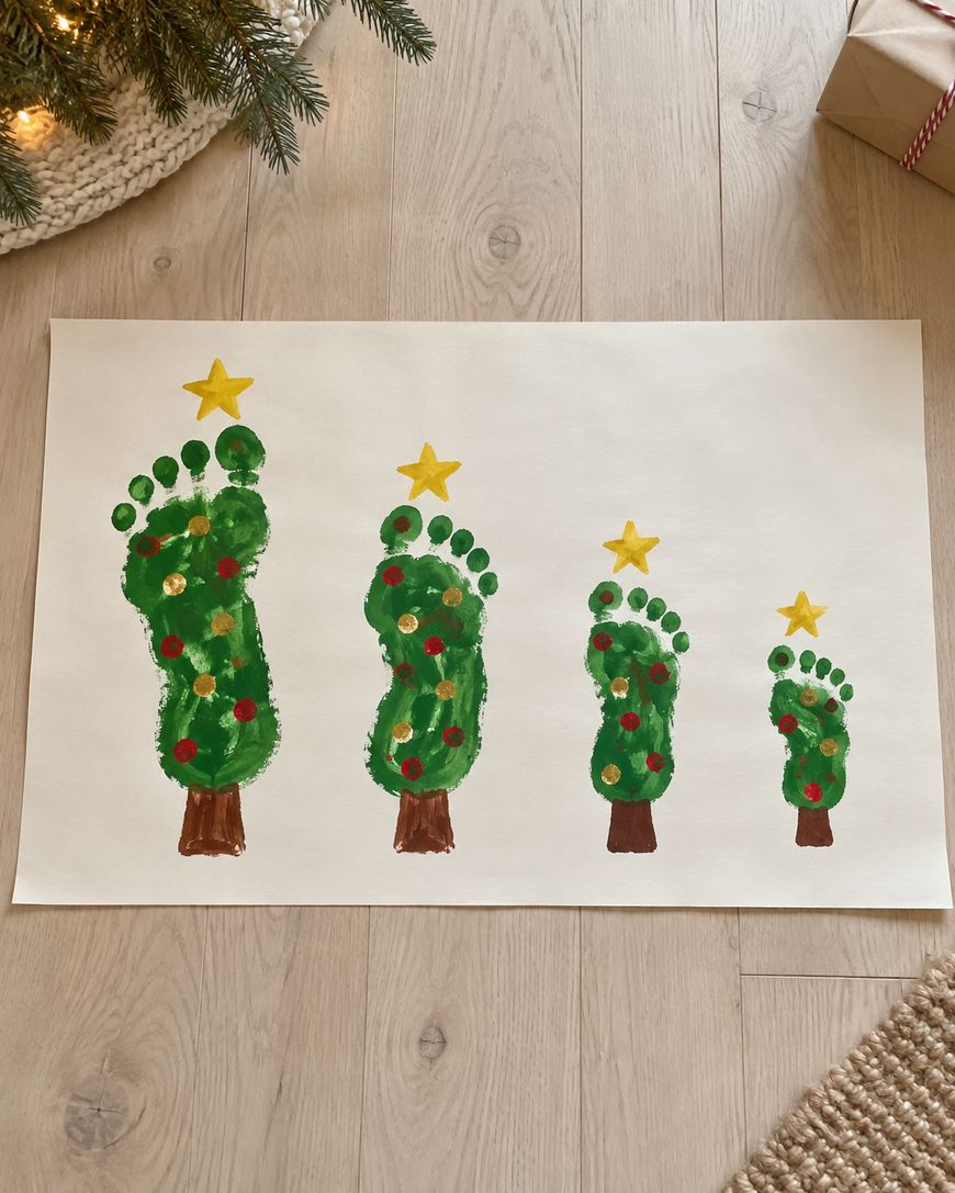 Four footprints painted green to resemble Christmas trees, each topped with a yellow star and decorated with red and gold ornaments.