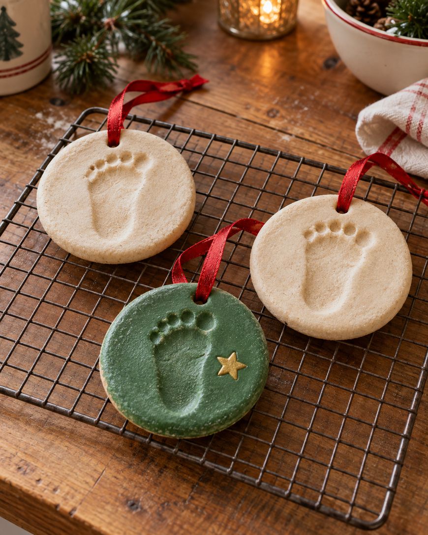 Three round clay ornaments with baby footprint impressions hanging by red ribbons on a cooling rack.