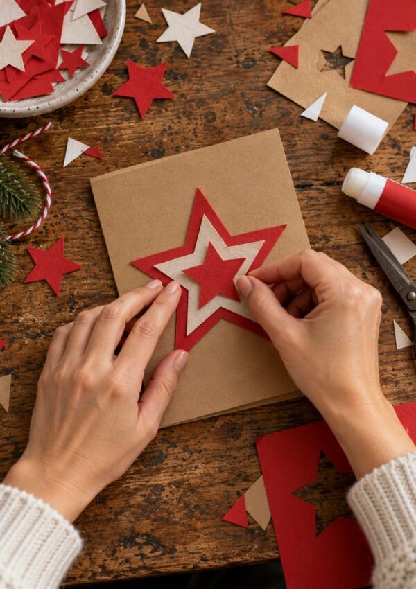 Hands gluing a layered red and cream felt star onto a brown paper card, surrounded by crafting materials like scissors, glue, and star cutouts on a wooden table.