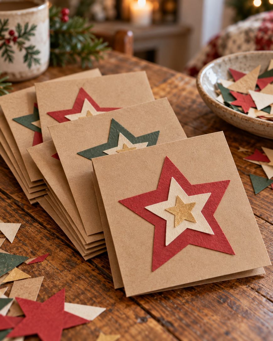 A stack of square kraft paper cards, each decorated with a layered red, cream, and gold star.