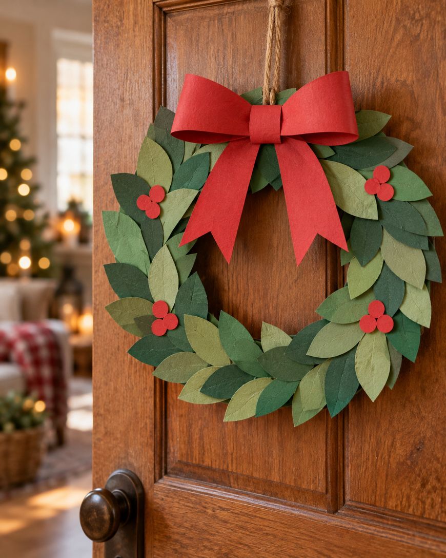 A handcrafted paper wreath made of green leaves and red berries, topped with a large red paper bow, hanging on a wooden door.