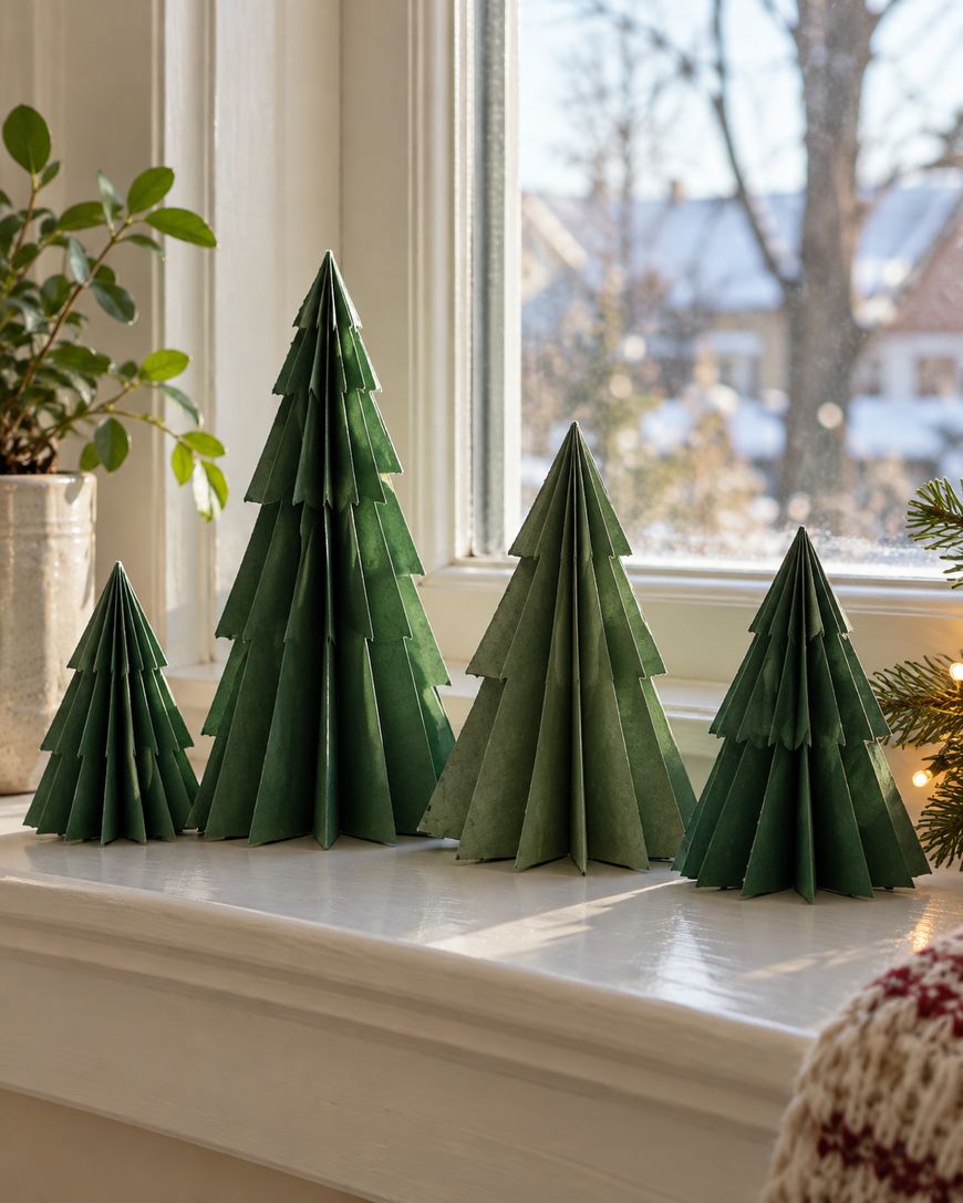 Four green paper Christmas tree decorations of varying sizes sitting on a windowsill.