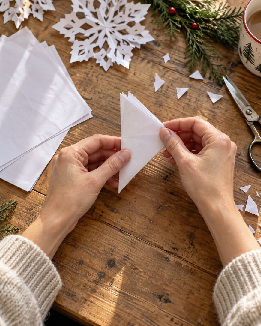 Hands folding a white piece of paper into a triangle on a wooden table, with scissors, paper snowflakes, and evergreen sprigs nearby.
