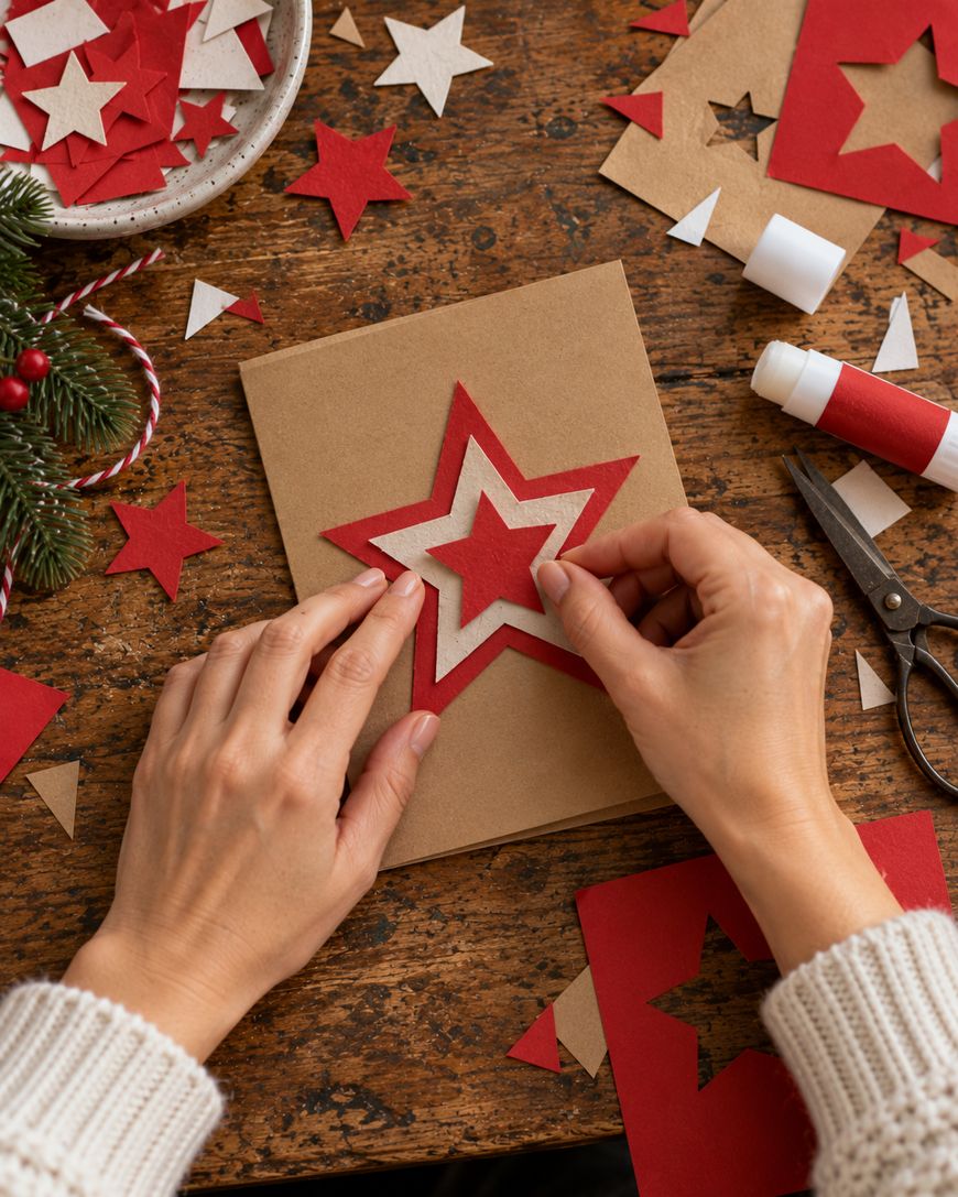 Hands placing a felt star cutout onto a brown card on a wooden table, surrounded by star-shaped scraps, glue, and scissors.