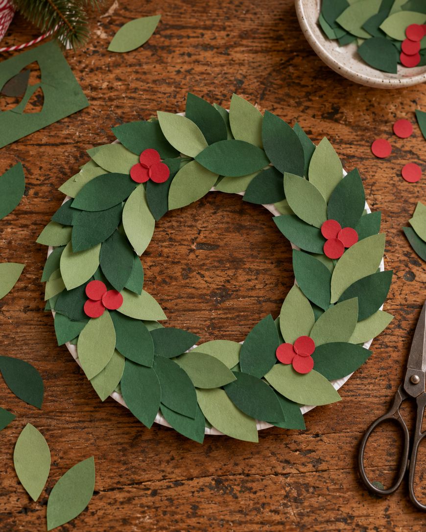 A handmade paper Christmas wreath featuring layered green leaves and clusters of red paper berries on a rustic wooden table with scissors and craft supplies.