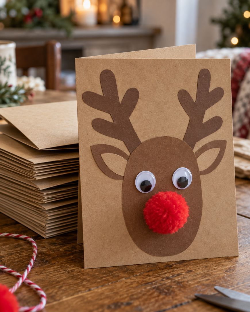 A handmade craft card featuring a reindeer with googly eyes, paper antlers, and a red pom-pom nose, standing next to a stack of blank brown cards on a wooden table.