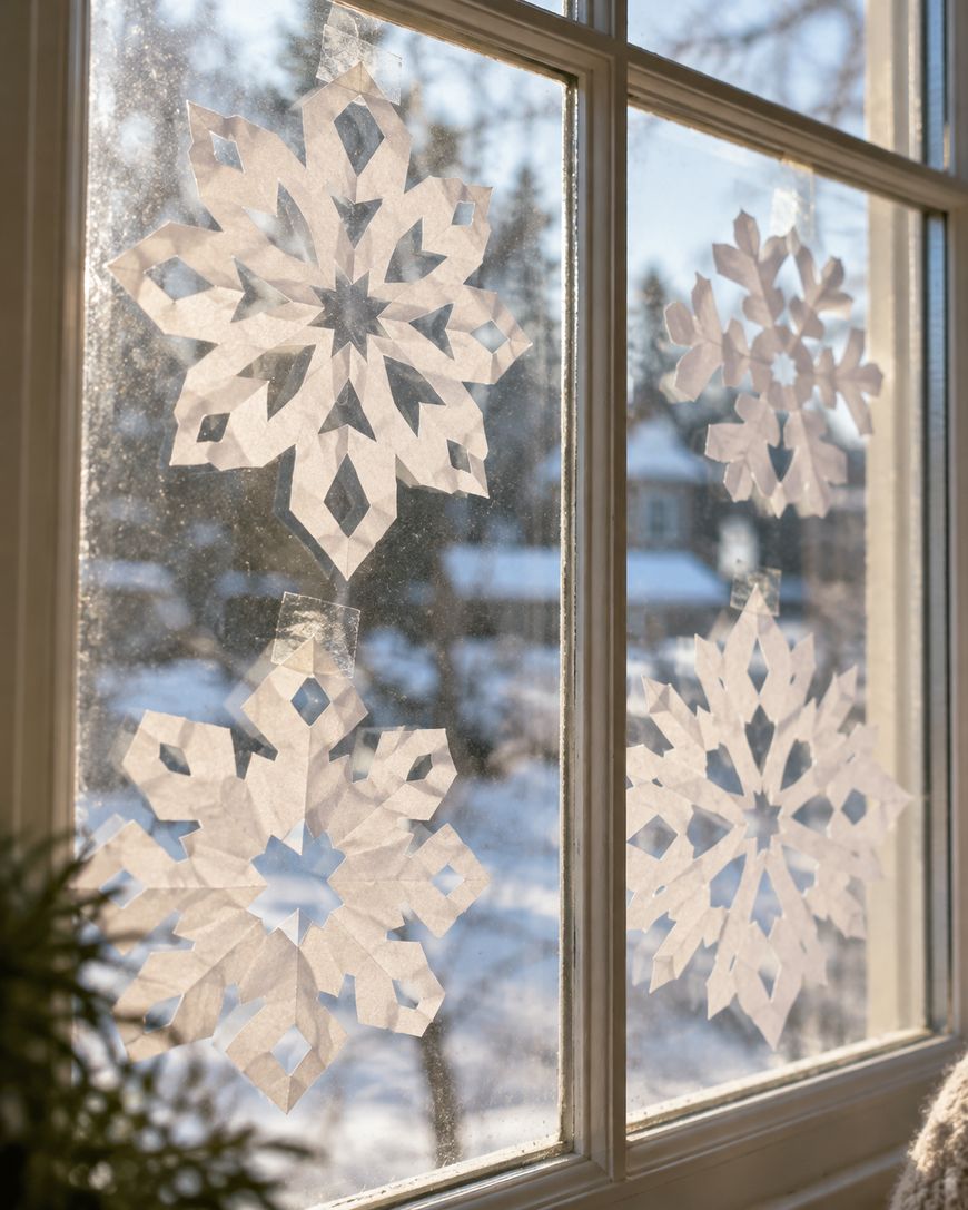 Three handmade paper snowflakes taped to a window pane overlooking a snowy outdoor scene.