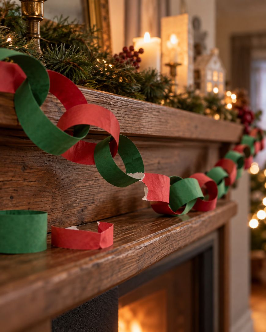 A handmade red and green paper chain draped across a wooden fireplace mantel decorated with evergreen boughs and candles.