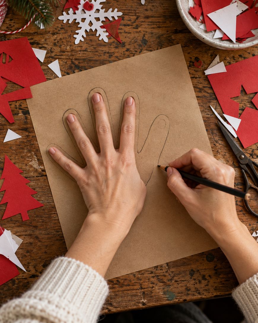 Hands tracing a palm onto brown craft paper, surrounded by cut-out paper snowflakes and trees on a wooden table.