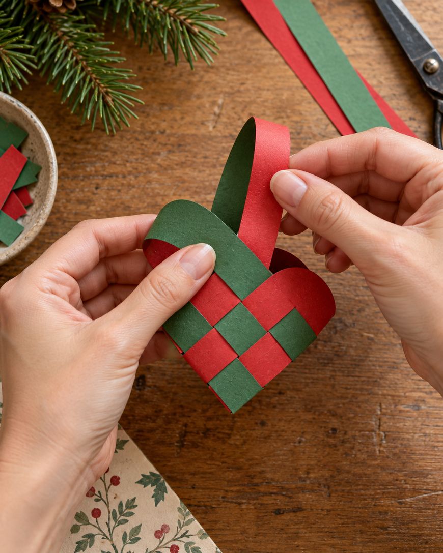 Hands weaving red and green paper strips into a heart-shaped basket.