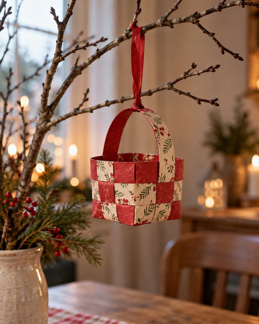 A small, woven paper Christmas basket with red and green berry-and-leaf patterns, hanging from a branch by a red ribbon.