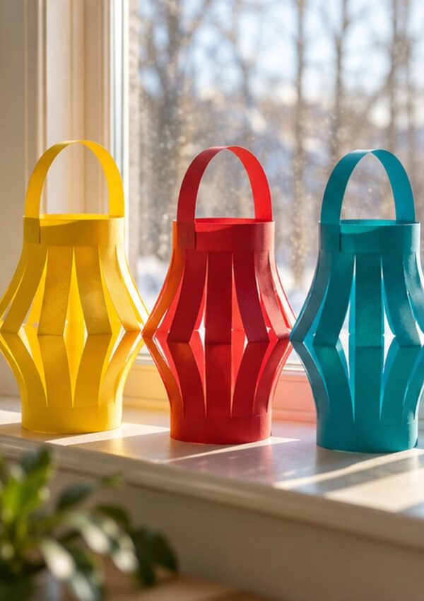 Three handmade paper lanterns in yellow, red, and blue sitting on a windowsill.