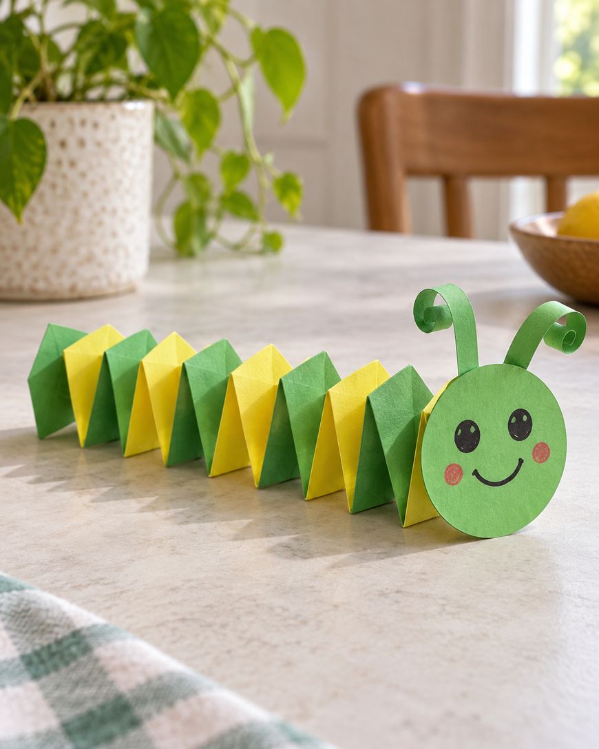 A paper craft caterpillar made of alternating green and yellow accordion-folded paper segments, with a circular green paper head featuring a smiling face and curled antennae.