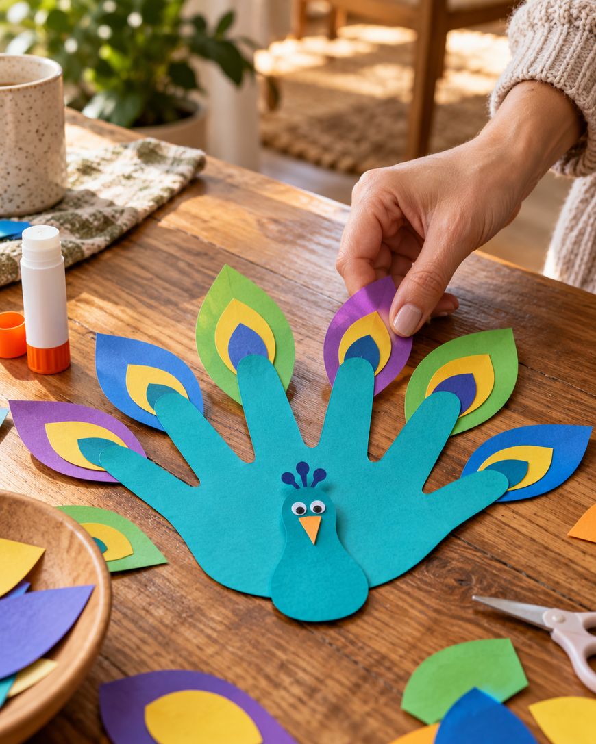 A hand glues a paper feather onto a handcrafted peacock made from a blue paper handprint cutout on a wooden table.